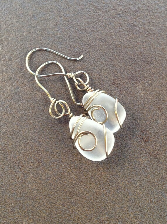 Bronze Copper Wire Wrapped Clear White Beach Glass Sea Glass Dangly Earrings