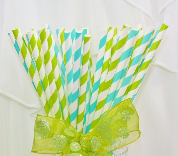 Trendy AQUA w/a Twist of LIME Striped Paper Party Straws, 50 Drinking Straws w/ Guest d.i.y.Custom Drink Flags & Pixie CANDY Straws Il_570xn
