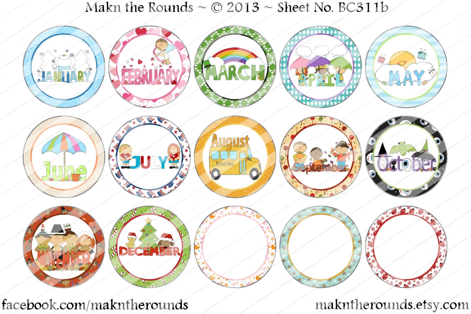 Months - 1 inch Circle Bottle Cap Image - 4x6 and 8.5x11 Digital Collage Sheet (No. BC311b) - Instant Download