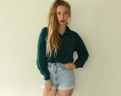 90s Forest Green Silk Shirt Top Button Up Talbots // Vintage