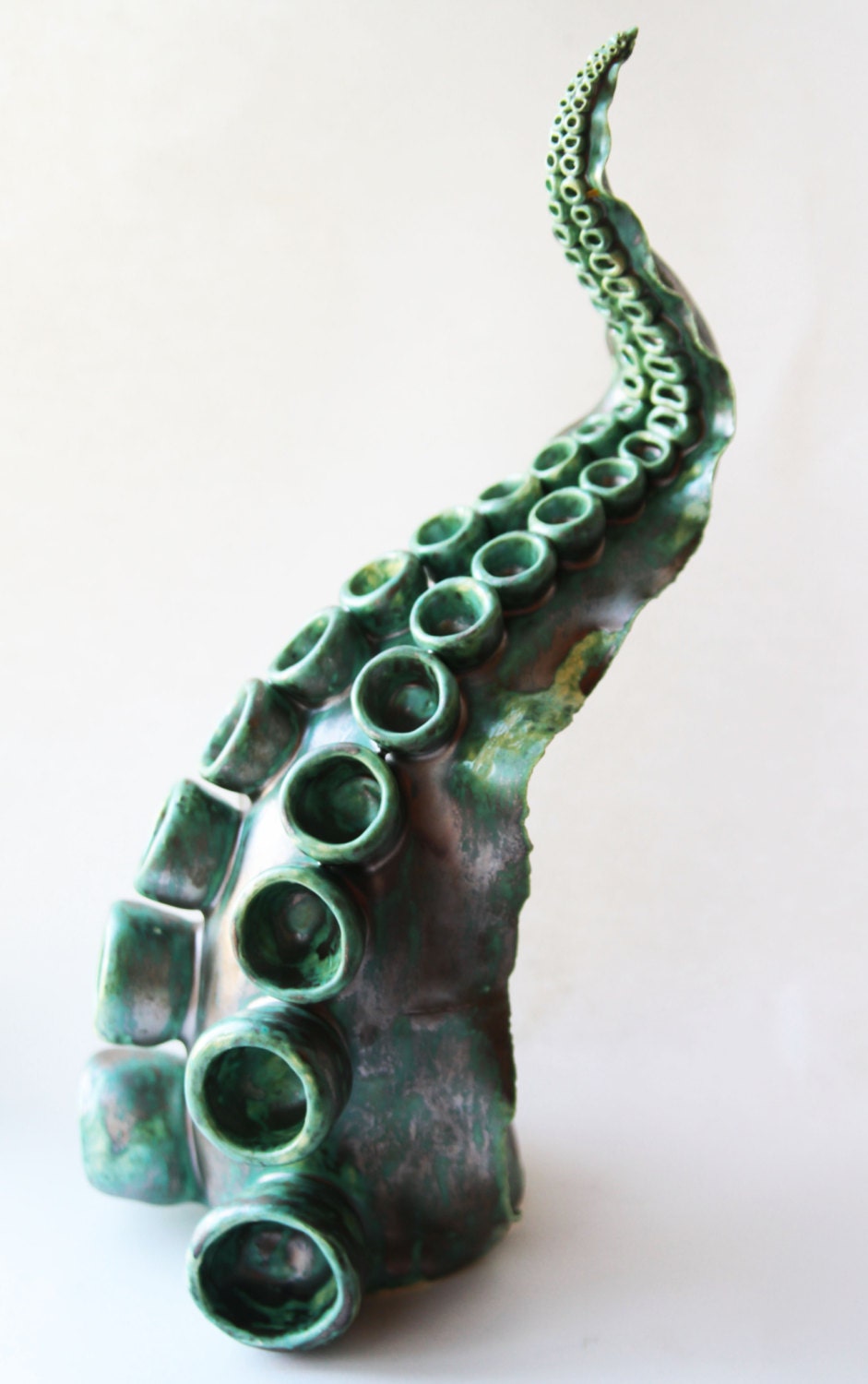Ceramic Green and Metallic Tentacle Outdoor Sculpture with Verdigris Glaze - RuthPowerArt