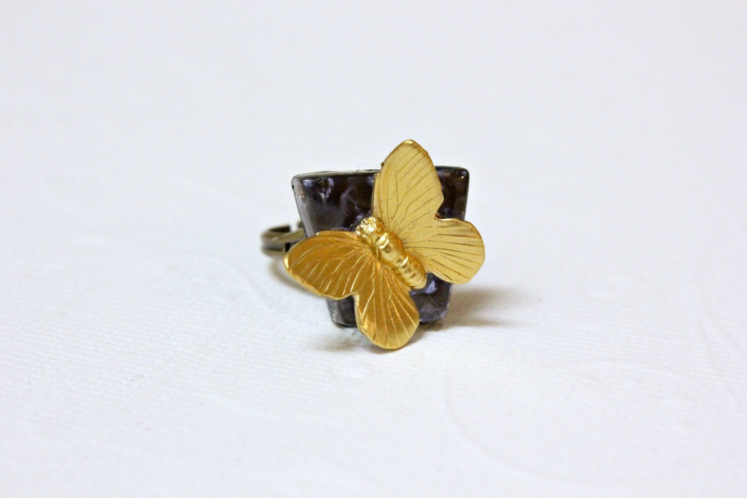Handmade Adjustable Mosaic Purple Glass cocktail Ring Butterfly ring Bohemian Boho Soho Chic OOAK