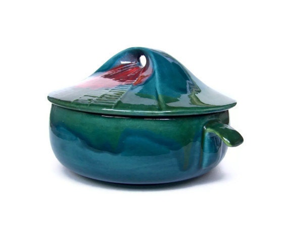 Vintage Soup Tureen Lidded Covered Serving Dish Bowl Ceramic Pottery Blue Green Turquoise Red Glaze