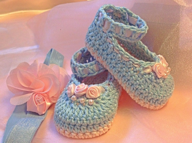 Blue and Pink Crochet Baby Booties, Blue and Pink Booties and Headband