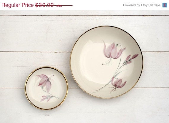ON SALE Large 1940s Vintage German Porcelain Pink Floral Bowl with 2 Coaster Scatter Trays