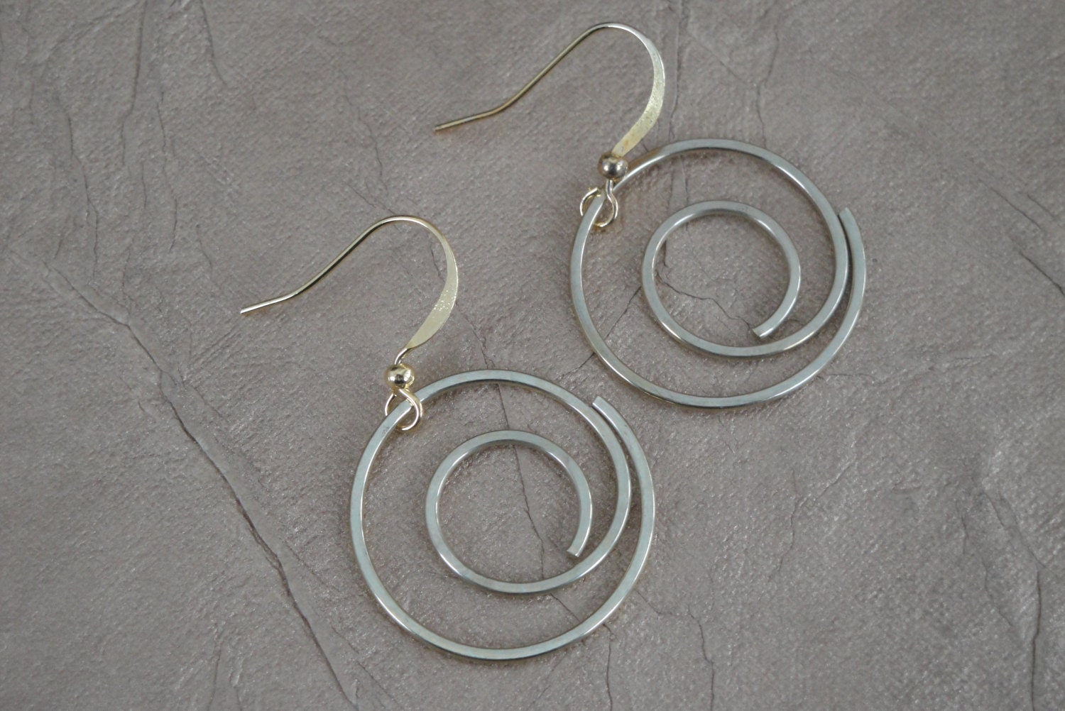 Spiral Earrings, Wire Wrapped Drop Earrings, Swirl Earrings, Gold Colored Metal Earrings, Mother of Pearl Earrings