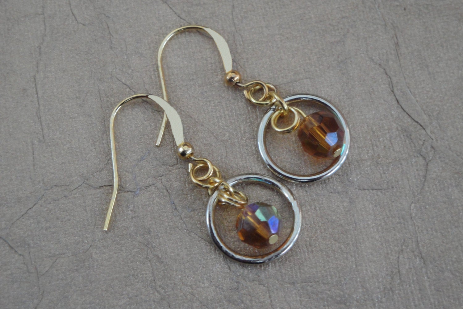 Wire Wrapped Hoop Link Drop Earrings Hoop Link Drop Earrings Faceted Amber AB Crystal