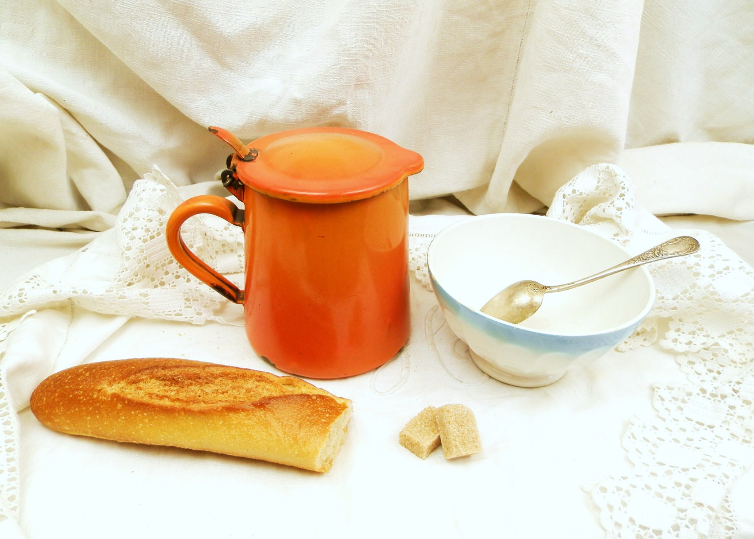 Vintage French Orange Enamelware Small Coffee Jug with Lid / French Country Farmhouse Decor