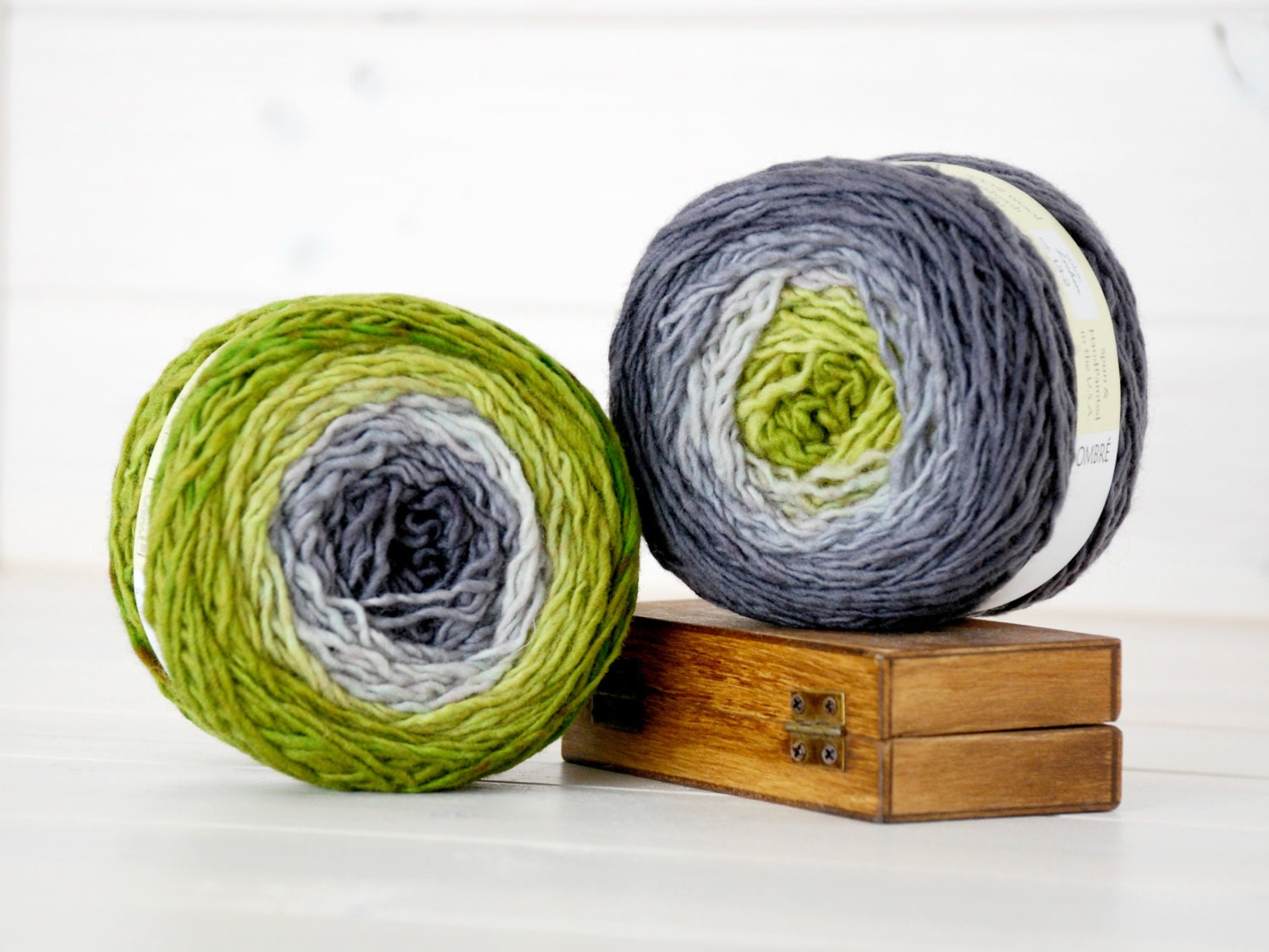 2 Hand Dyed Yarn Balls - 100% Wool - 2 Balls - Color: Lichen Ombre - 1Ply Sport Yarn - Colorful Soft Yarns by Freia - 2 Balls