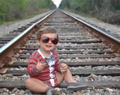 Cardigan and Bow Tie Onesie Set - Red Stripes with Grey Polka Dot Bow Tie
