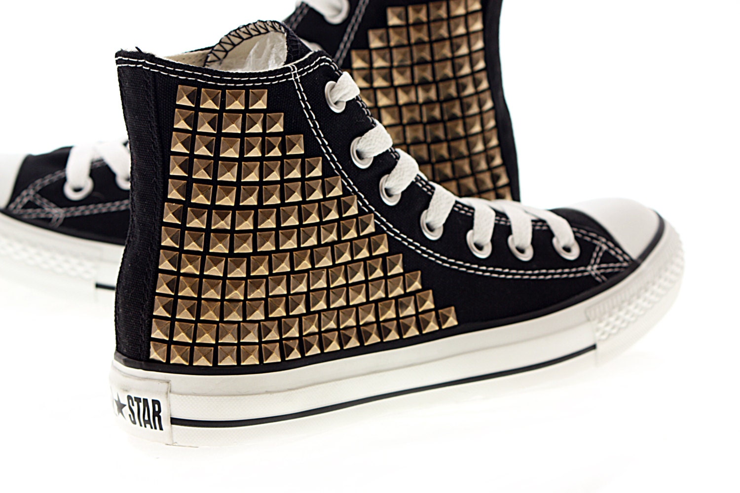 Studded Converse, Brass Pyramid Studs with Black Converse Chuck by CUSTOMDUO on ETSY