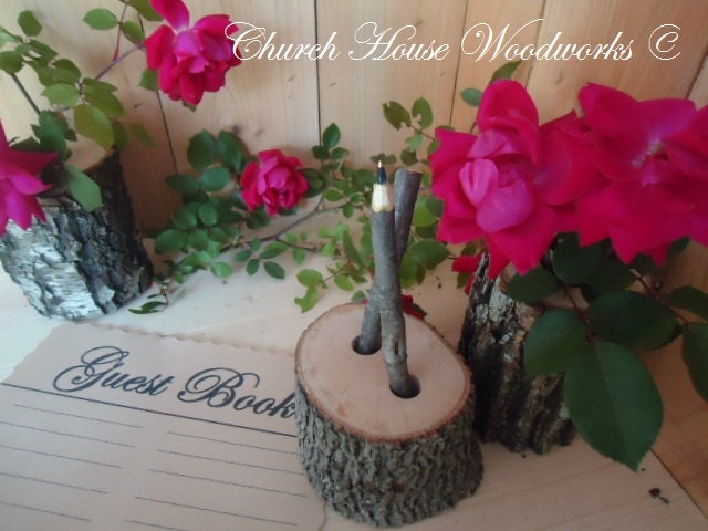 2 qty Rustic tree branch pens, with tree log holder, rustic weddings, guest book, rustic guest book pens, tree log pens