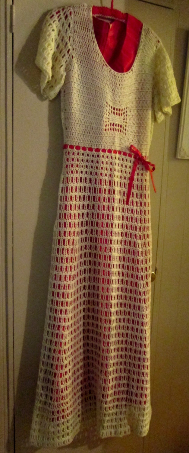 Price Just Reduced - Vintage 1960's Handmade Crocheted Maxi Dress in Ivory with Red Taffeta Dress Liner