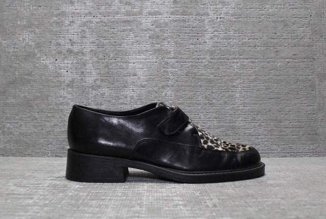Vtg 90s Black Leather Leopard Calf Pony Hair Leather Grunge Shoes Loafers Creepers 6 M