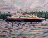 ORIGINAL Acrylic Painting, Kahloke The Hornby Ferry 14x18 Purple Lavender Ocean and Boat Art