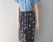 Spring Maxi Long Dress / Faded Glory Blue Denim with Cotton Daisy Skirt/  Vintage Clothing by Feisty Farmers Wife
