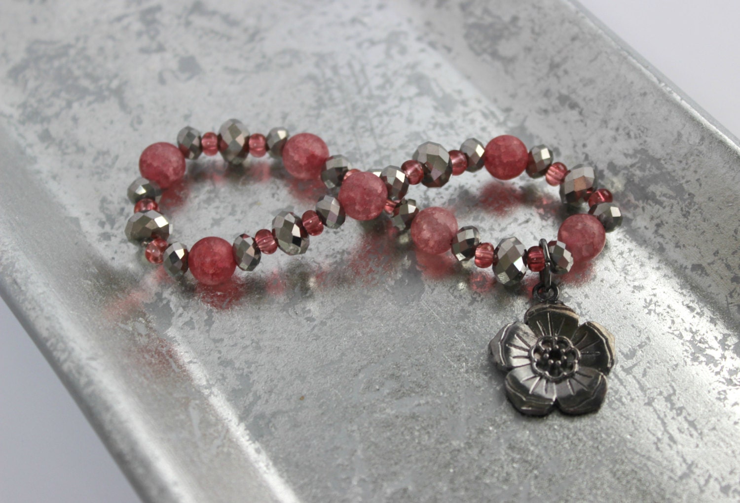 Dark Pink and Gunmetal Gray Stretch Bracelet with Flower Charm - Handmade Jewelry - OOAK  - Ready to Ship