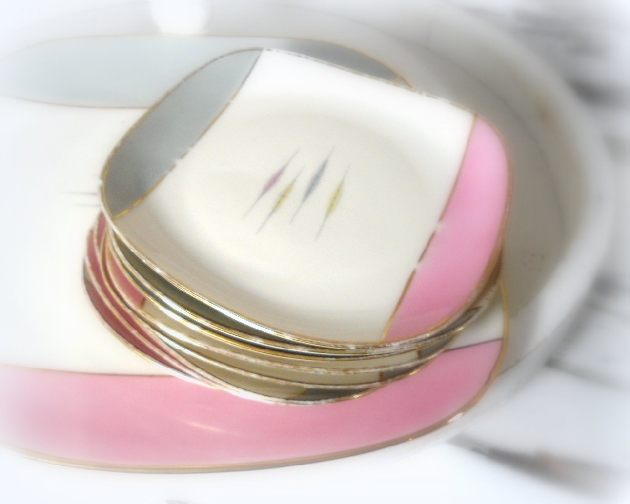 Cake plates- 9 pcs set- mid century - vintage party- pink grey serving set- gold edge- Bavaria porcelain-food wedding