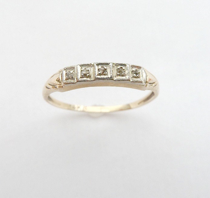 Late Art Deco 1930 1940 Diamond Ring Stacking Wedding Band White Gold 14K 6.25