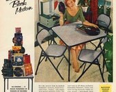 Vintage 1954 Samsonite Card Table print ad Stacks of LP records 78's 45's old phonograph 1950's