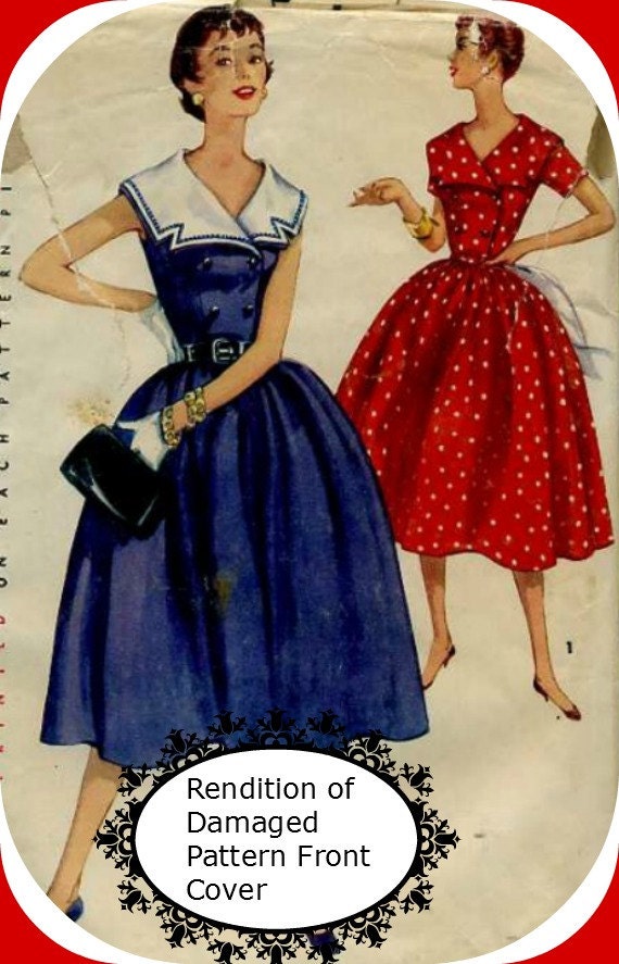 Vintage 50s Simplicity 1011 Full Skirt Dress Wide Lapel Detachable Collar Size 14 Bust 32 p2z