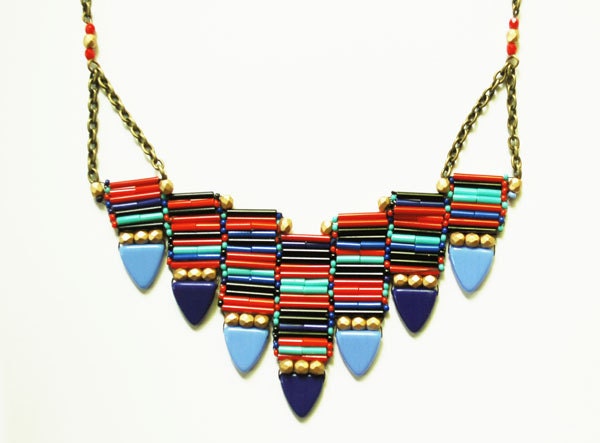 Stripes and Triangles Bold Opaque Red, Black, Turquoise, Blue and Gold Geometric Beaded Necklace - Brick Stitch Bohemian Glass Neo Tribal