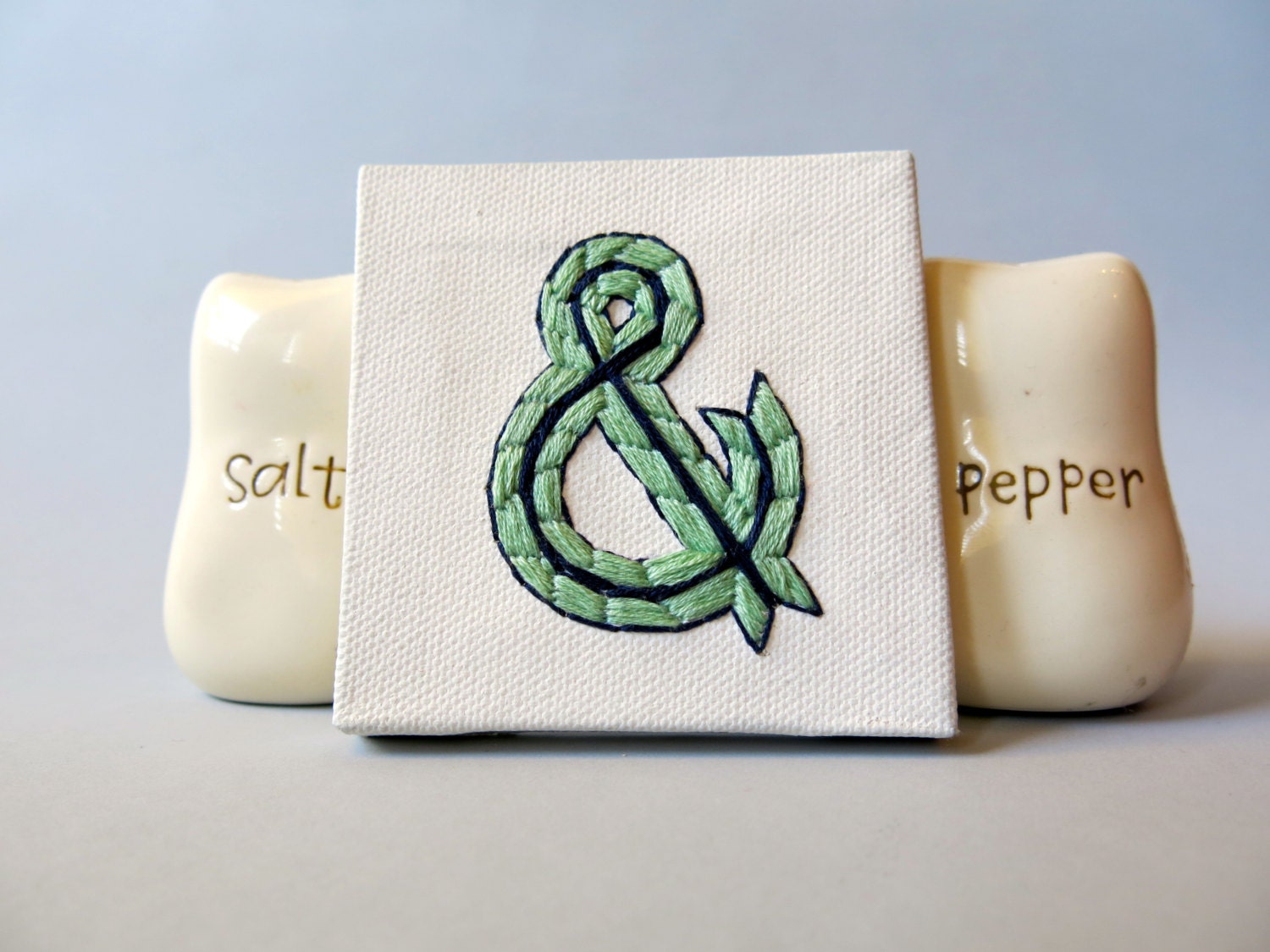 Tiny Ampersand Stitch Art - Romantic quirky wedding, engagement, baby shower gift, in Mint & Midnight - More Colors Available