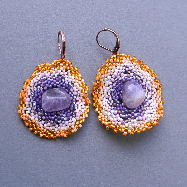Purple and orange  freeform beaded earrings with amethyst  - boho / bohemian jewelry