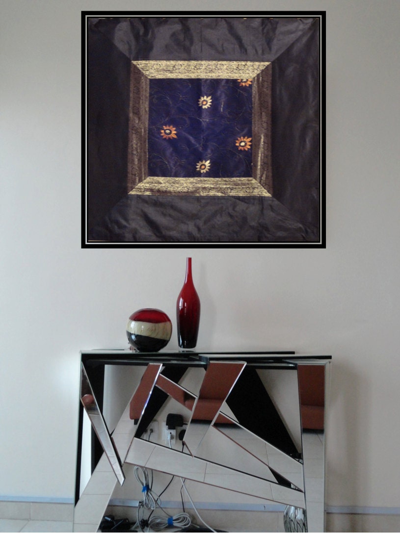 India's Black & gold Wall hanging . Zari Indian Wall Tapestry.  Silk patchwork fibre art.  Embroidery n bead wall art. Artikrti.