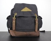 Studded Vintage Rucksack Black Canvas with Leather Accents - Free Shipping