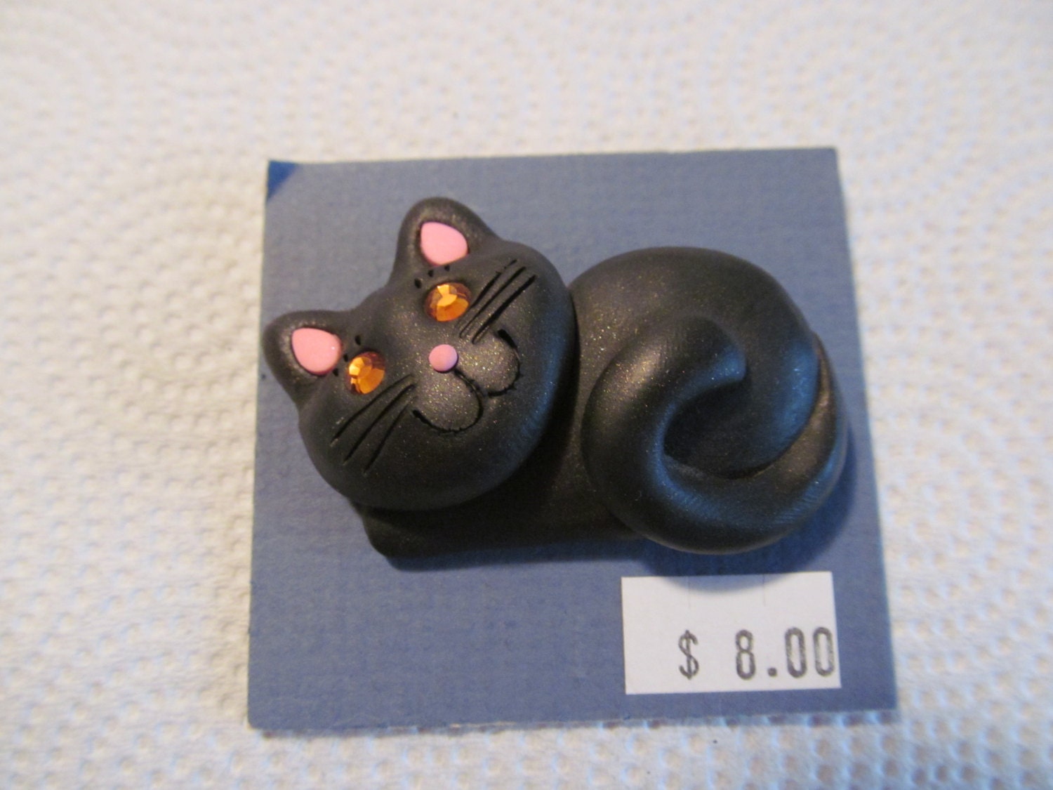 Handmade BLACK CAT Pin 3D Kitty Cat made of Clay New on Card w Crystal Eyes