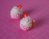Strawberry Polka Dotted Cupcake Polymer Clay Earring Studs
