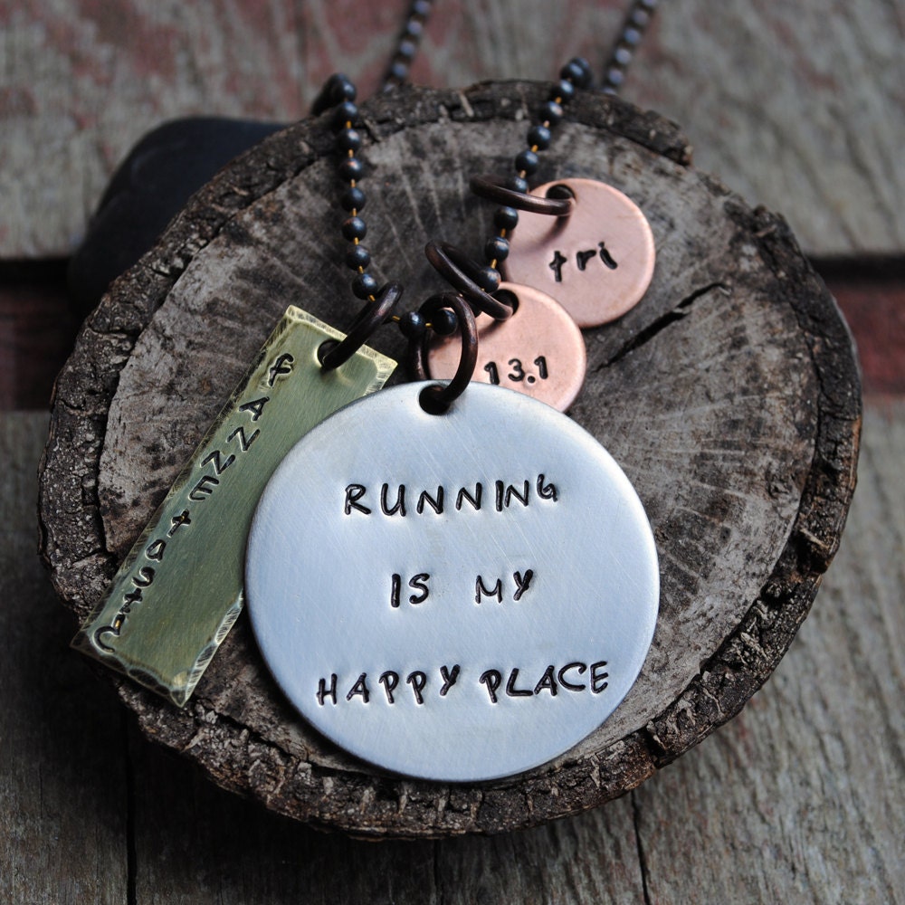 Running is My Happy Place Pendant with TRI, 13.1, and Blog Name Charms, Mixed Metal Necklace on a Copper Ball Chain Necklace