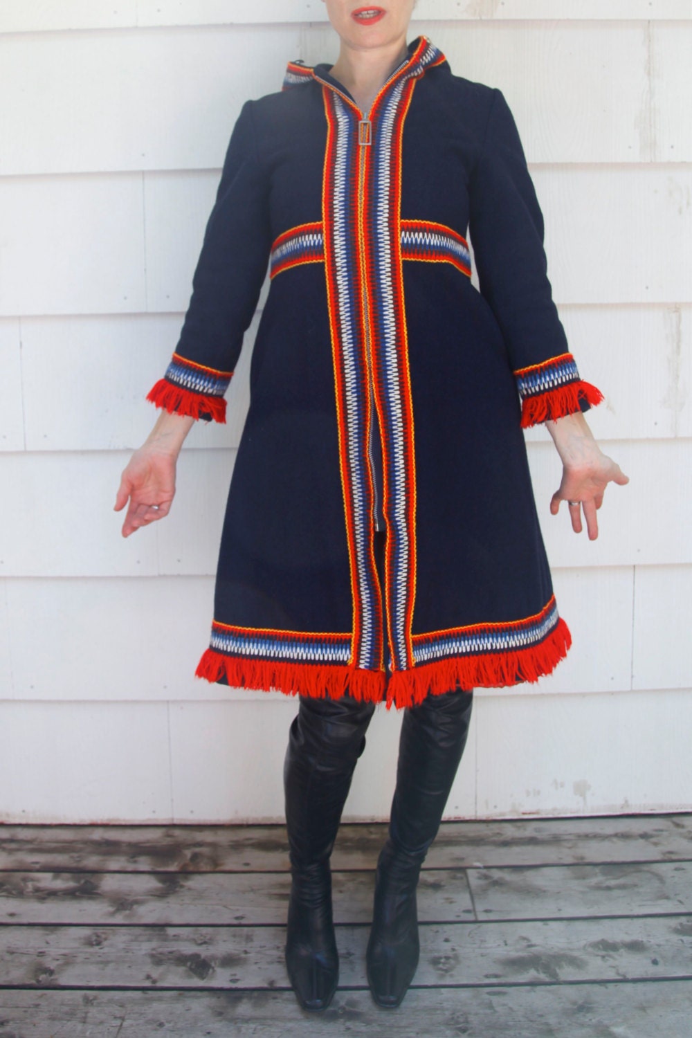 Vintage 1970s coat. Blue wool coat with amazing multi-colored embroidered accents and hood. Boho. Folkloric Charm. Size XS/S. - IfYouPleaseVintage