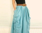 Spring Summer Skirt - Lagenlook Unique Big Pockets Light Blue Long Maxi Skirt - SK001