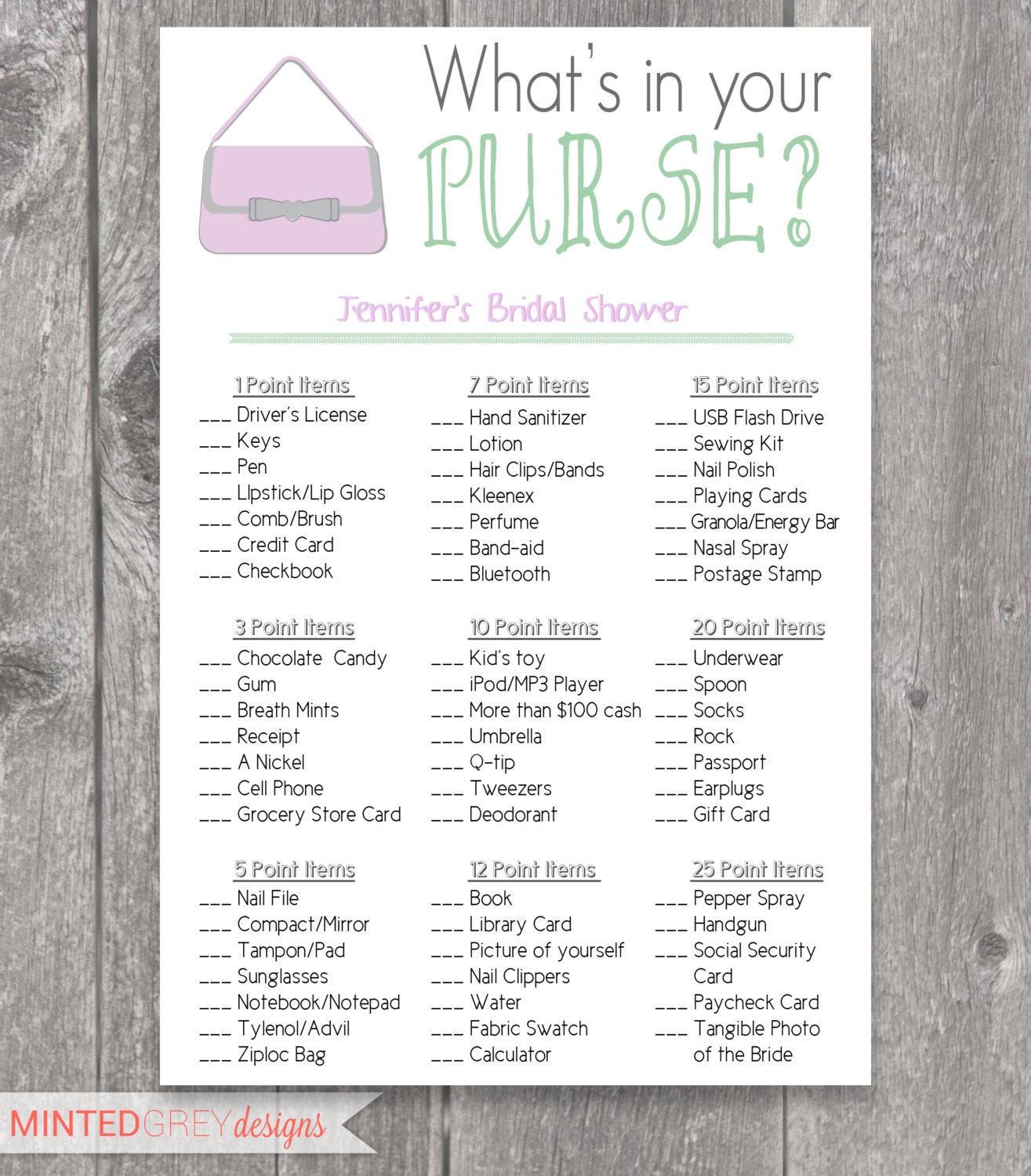 Printable Whats In Your Purse Bridal Shower Game