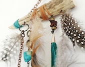 antler wall hanging- leather fringe, feathers, antler and coral wall hanging