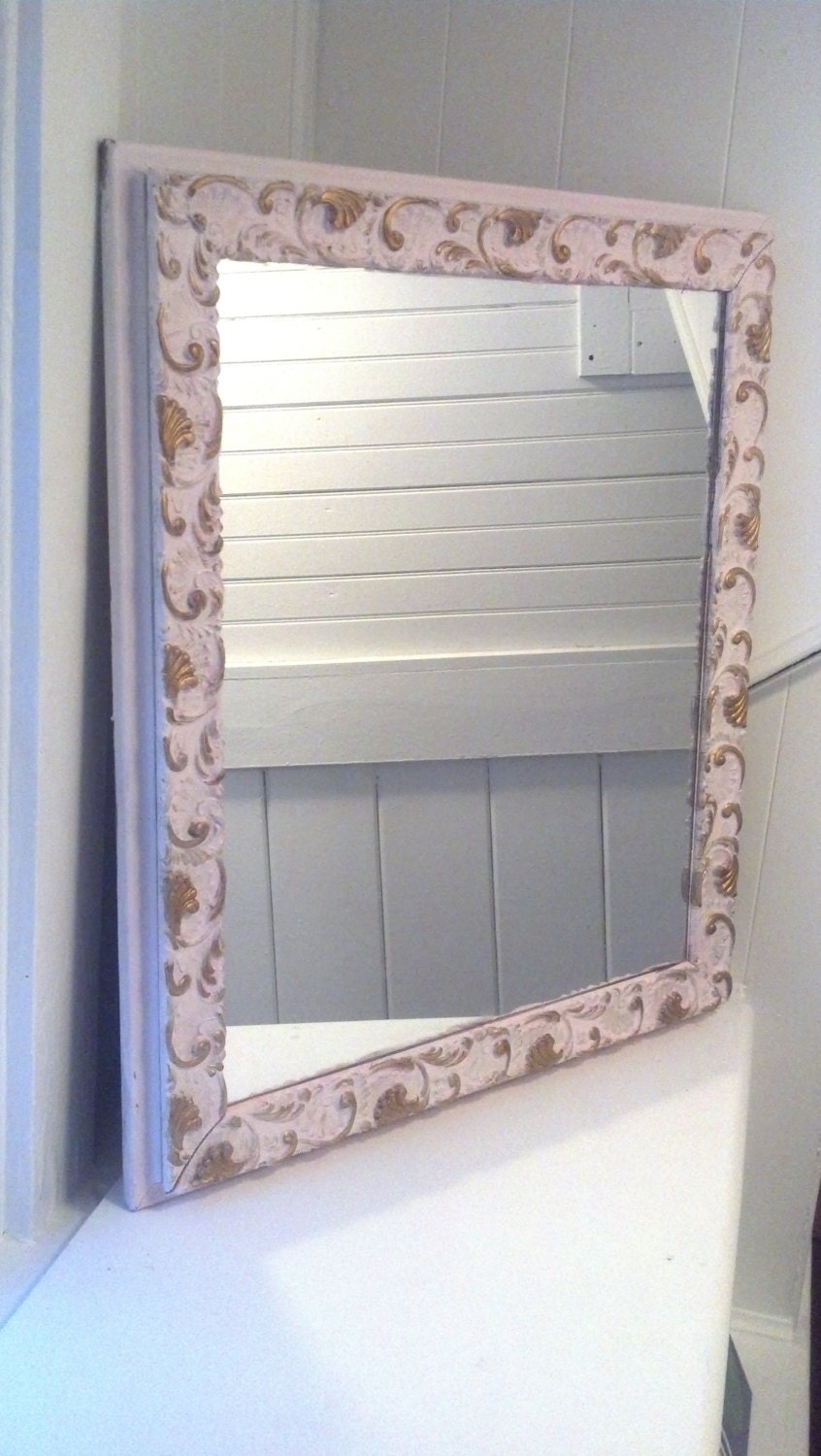 Vintage Mirror Ornate Carved Frame Shabby Chic Light Pink and Gold Hollywood Regency Farmhouse Mirror
