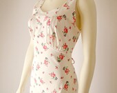 Vintage. MINT. 50's. White Floral Nightgown. Lingerie. Dress. Roses. Rayon. Maxi. Sleeveless. Gathered Bodice. Retro. Romantic. Small. S.
