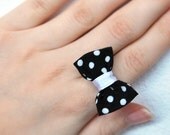 Bow ring, black and white polka dot bow, adjustable ring