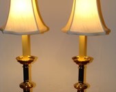 Vintage Ethan Allen PAIR Brass Candlestick Pillar Lamps Hollywood Regency Buffet Lamps