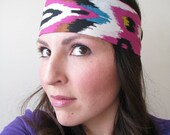 Ikat Bandana Style Headband, Head wrap, Magenta, white, black, blue, fabric tie headband