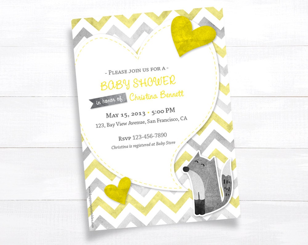 Fox Baby Shower Invitation Gray Yellow Chevron Invitation Printable Baby Shower Invite Custom Gender Neutral Baby Boy Digital File DIY