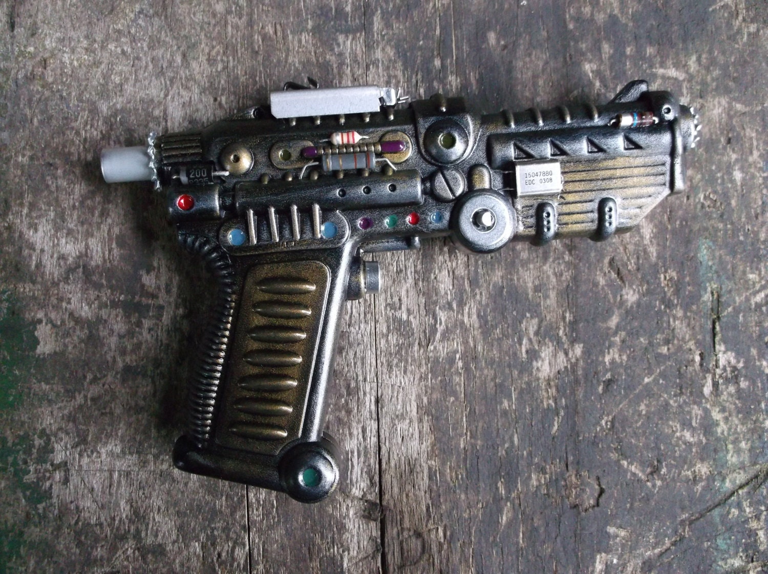 Medium Steampunk Gun Bronze & Silver Metallic with Old Computer Parts, 6.75" Long, Cosplay, Ray Gun, Halloween, Space Gun