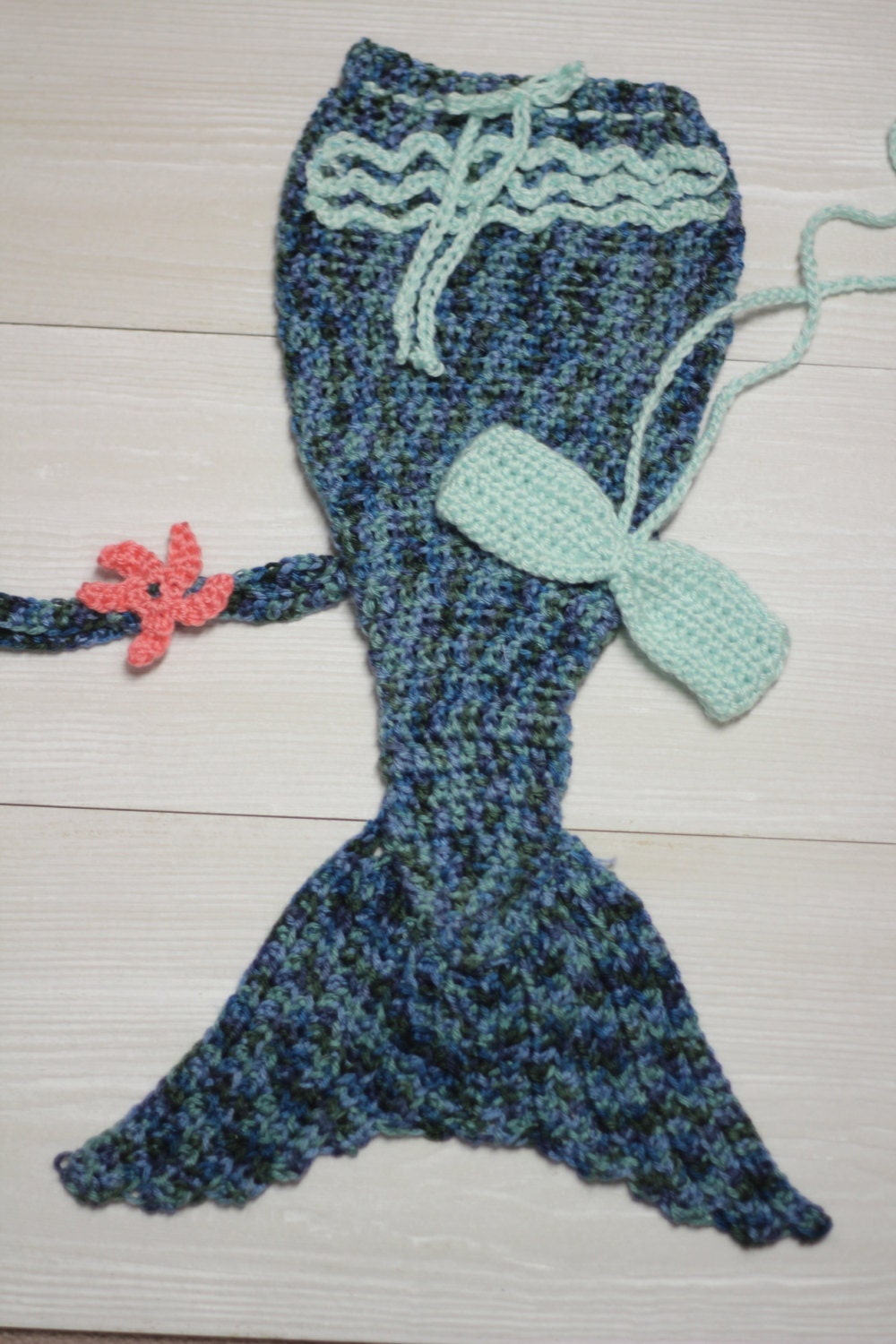Sale - Mermaid costume, newborn girl, mermaid tail, starfish headband and aqua bra top and a bonus crown