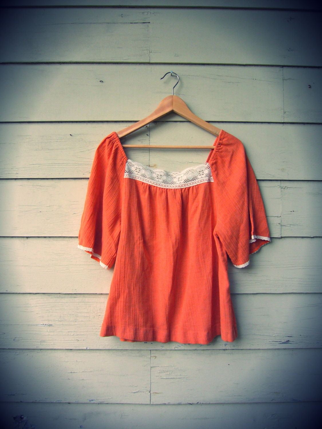 1970's Salmon Pink and Lace Angel Sleeve Blouse
