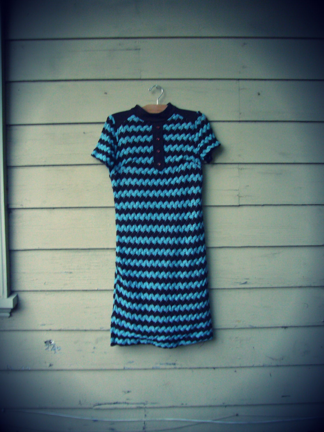 1960's Blue and Brown Crochet Chevron Shift Dress