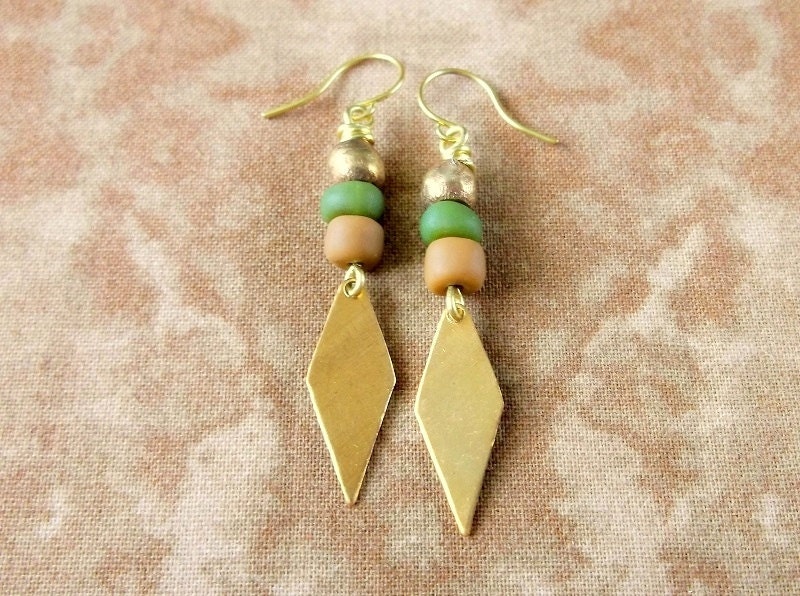 Tribal Arrow Earrings Brass Diamond Earrings - Green Caramel - Boho Jewelry Bohemian Jewelry Ethnic Jewelry Tribal Jewelry - Dangle Earrings