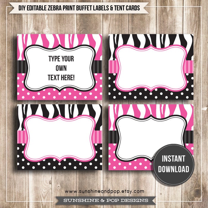 INSTANT DOWNLOAD - Editable FOLDING Pink and Black Zebra Print Buffet Labels & Tent Cards - for events, party, Minnie Mouse decorations Il_570xn