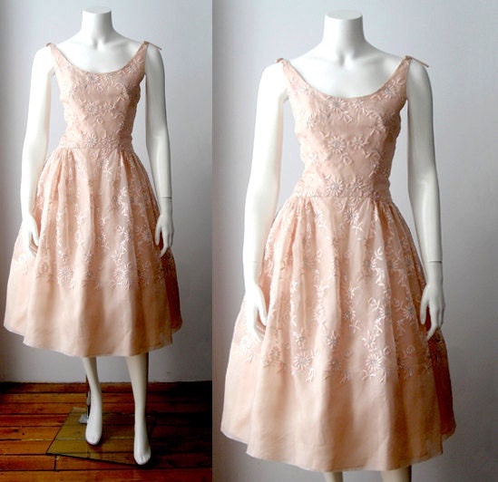 1950s dress / embroidered 50s dress / peach organza dream dress